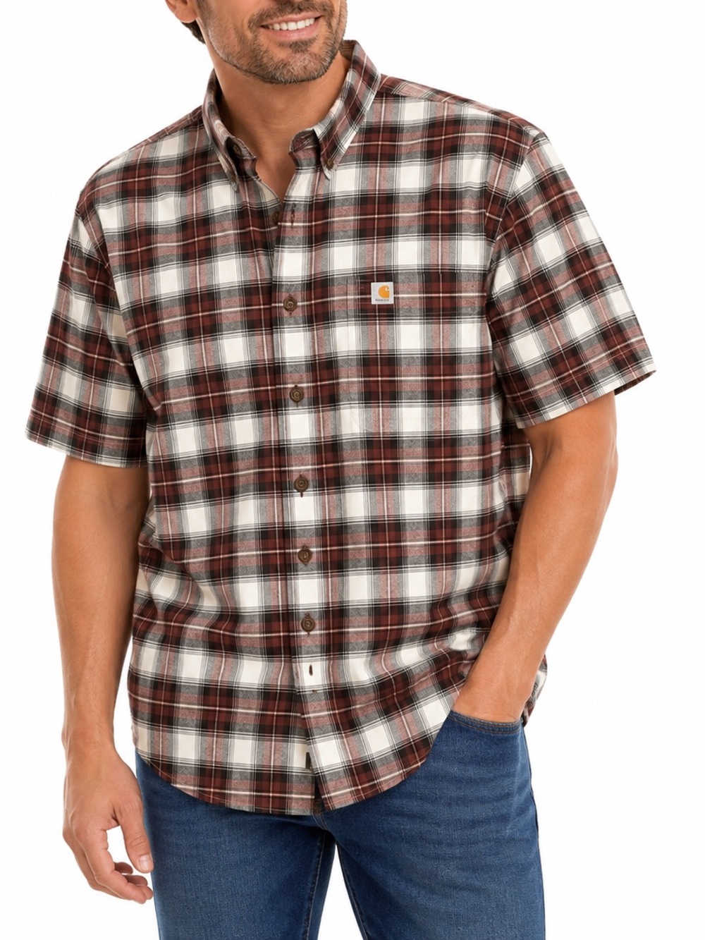 Carhartt Short Sleeve Plaid Shirt in Brown, Cream & Black